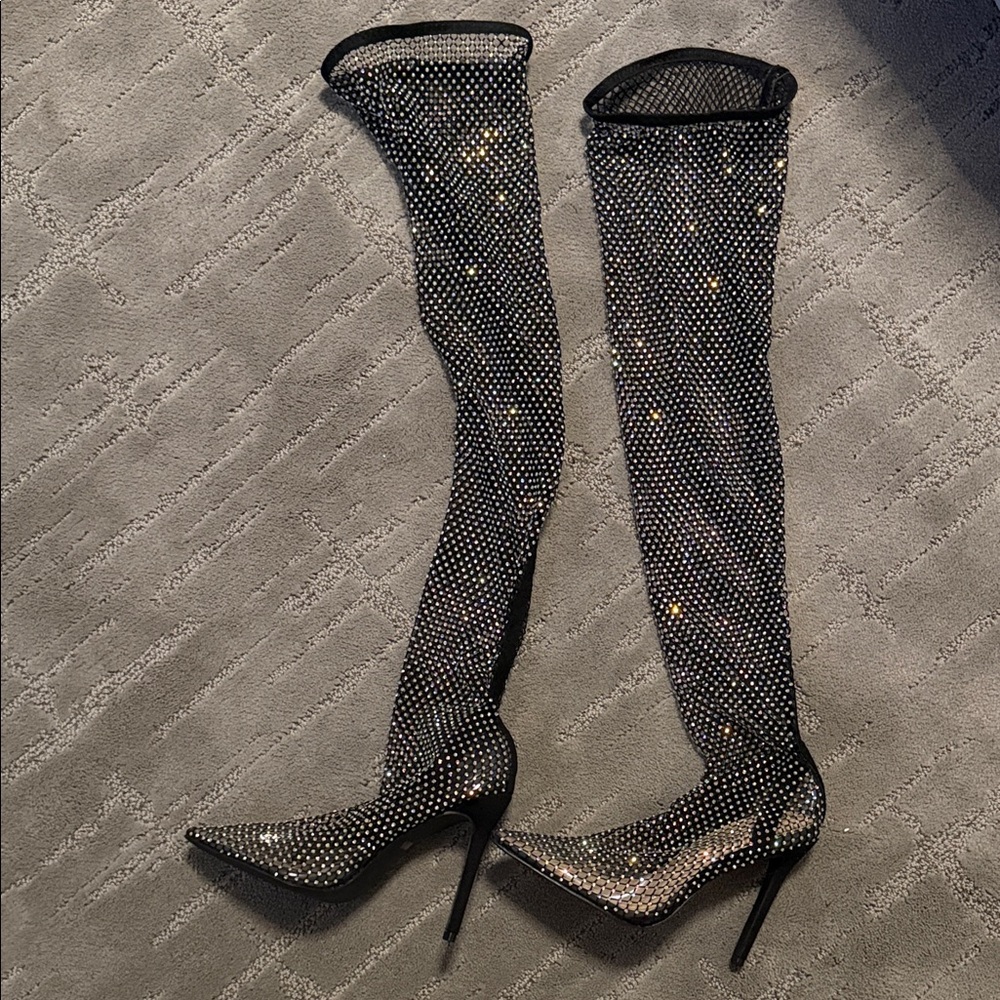 Amazon Black Crystal Mesh Over-the-Knee Stiletto Boots